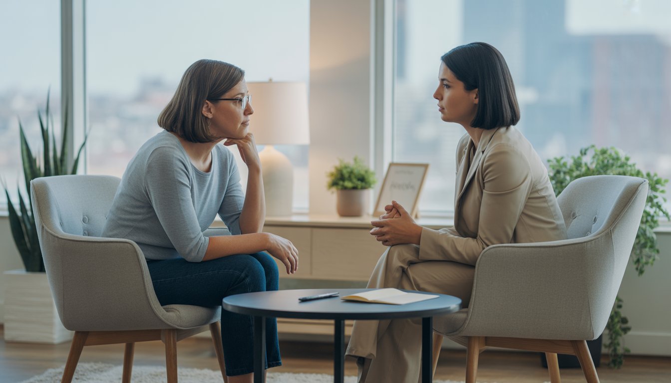 A therapist attentively listens to a woman client in a comfortable therapy office.