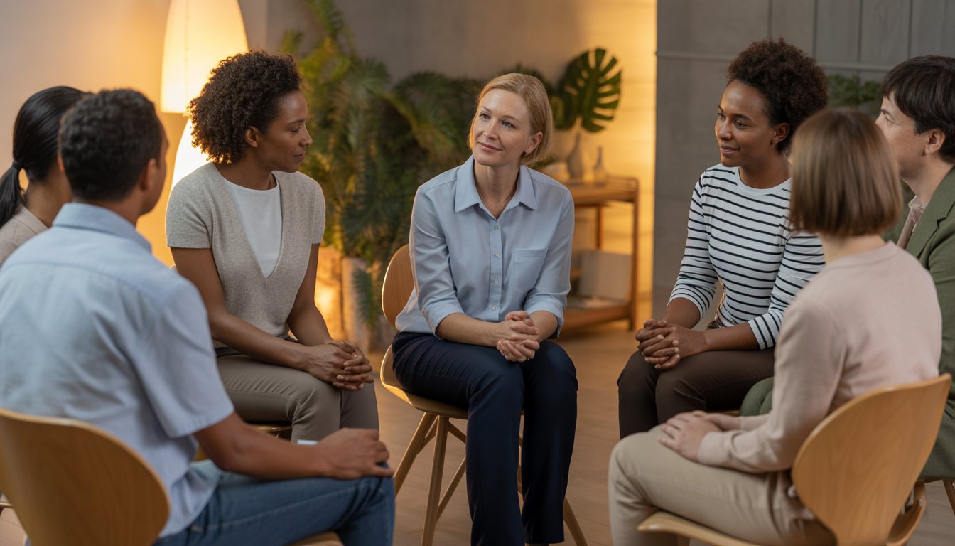 A group therapy session with a therapist and diverse participants sitting in a circle, engaging in supportive conversation in a cozy room.