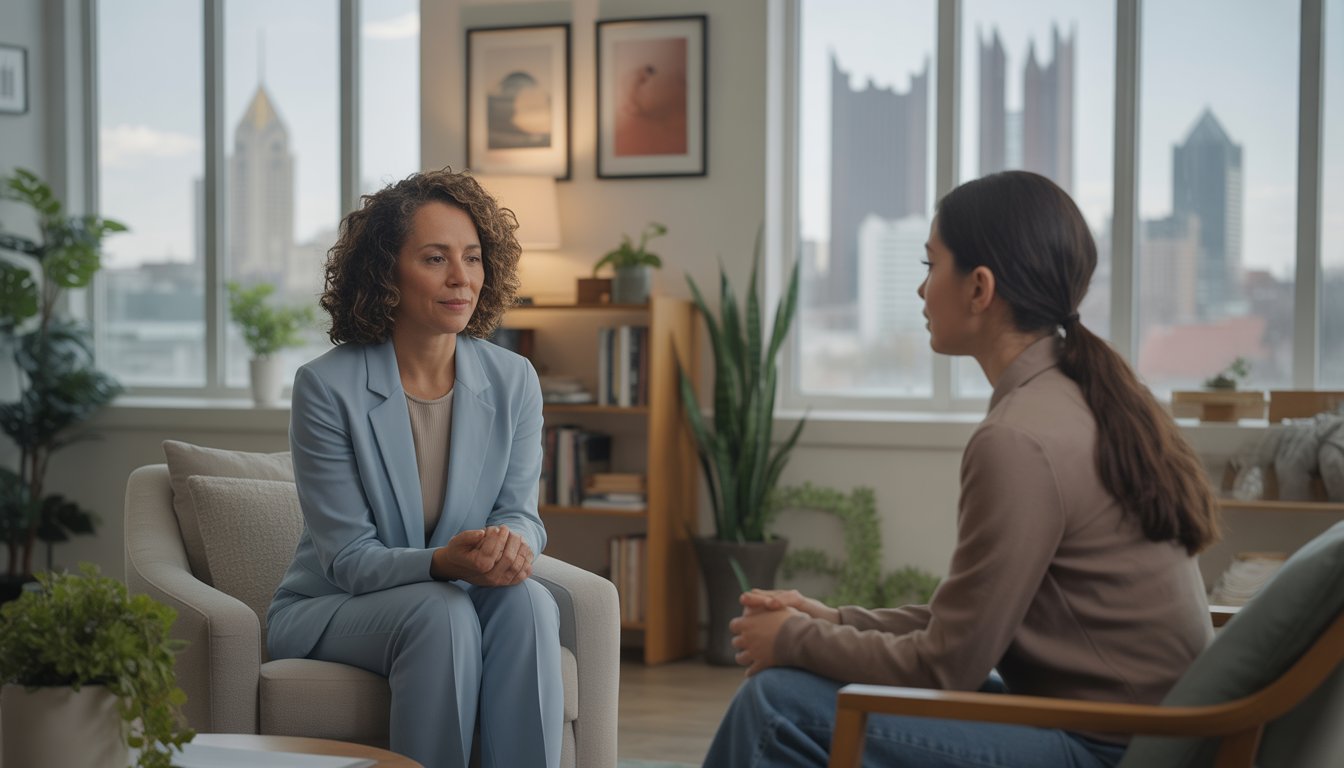 Therapist attentively listening to a young woman in a bright, comfortable therapy office with a Pittsburgh cityscape visible through the window.