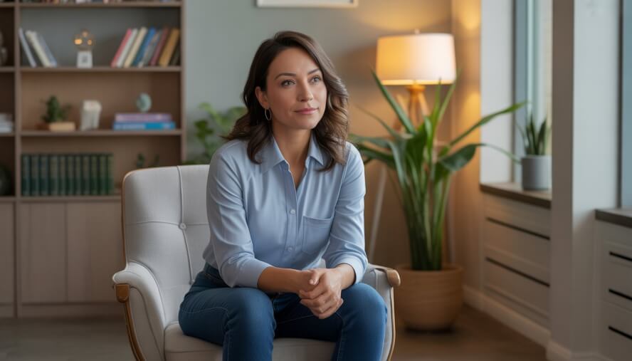A female therapist sitting in a comfortable office, looking empathetic and professional.