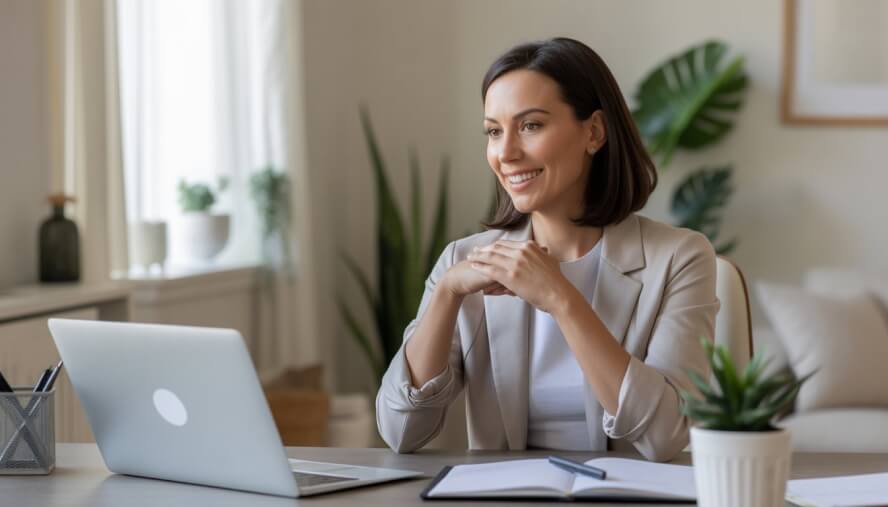 A female therapist sitting at a desk with a laptop in a bright, calm home office, ready for an online therapy session.