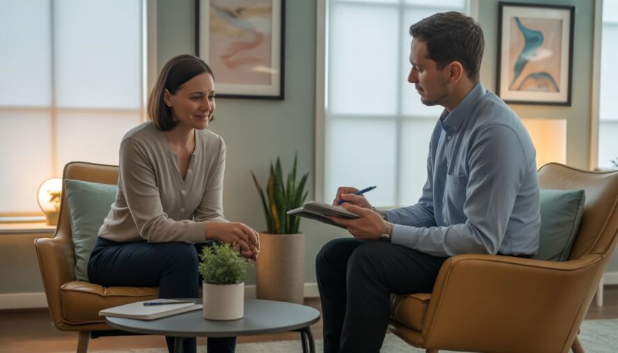 Two therapists sitting in a bright therapy room, engaged in a supportive conversation.