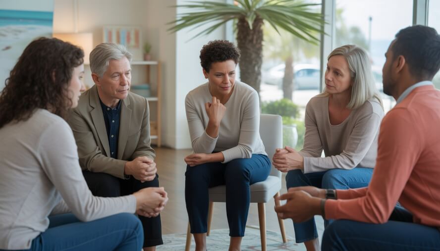 A diverse group of adults sitting in a circle in a bright room, engaged in a supportive group discussion.
