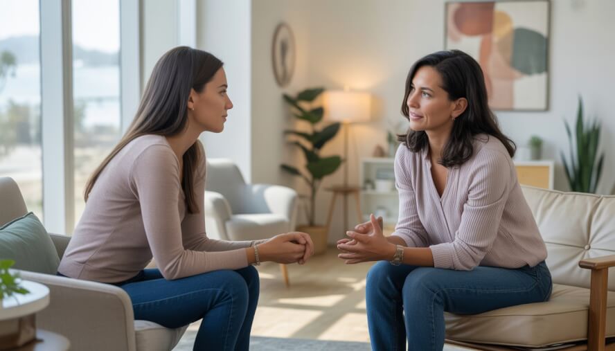 A therapist and a young adult client having a supportive counseling session in a bright, comfortable office.