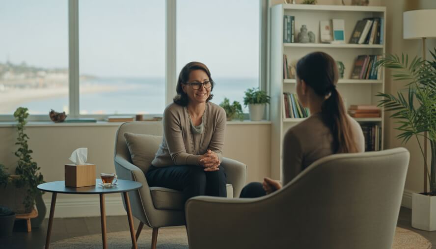 A therapist attentively listening to a client in a bright, comfortable therapy room with a view of a coastal city outside.