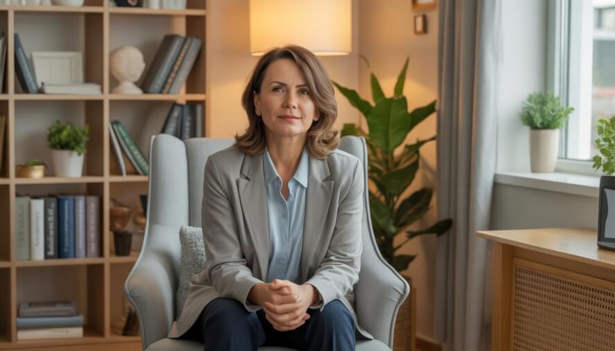 A female therapist sitting in a comfortable chair in a warmly lit office with bookshelves and a plant in the background.