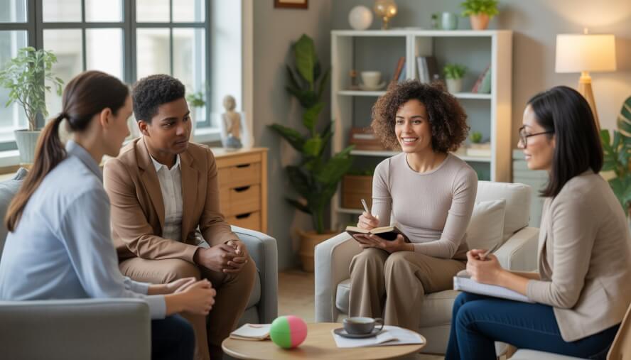 A group of therapists in a bright, comfortable therapy room engaged in a supportive conversation.