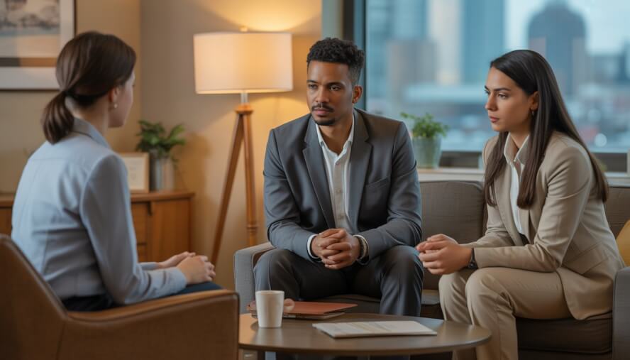 Two therapists and a client having a counseling session in a comfortable therapy office with a city view.