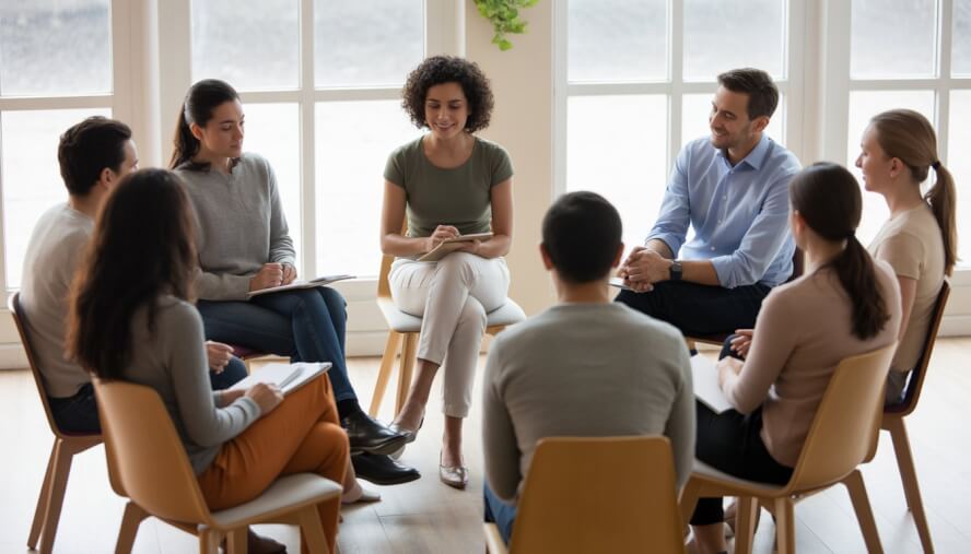 A group of adults sitting in a circle in a bright meeting room, engaged in a supportive therapy session led by a caring facilitator.