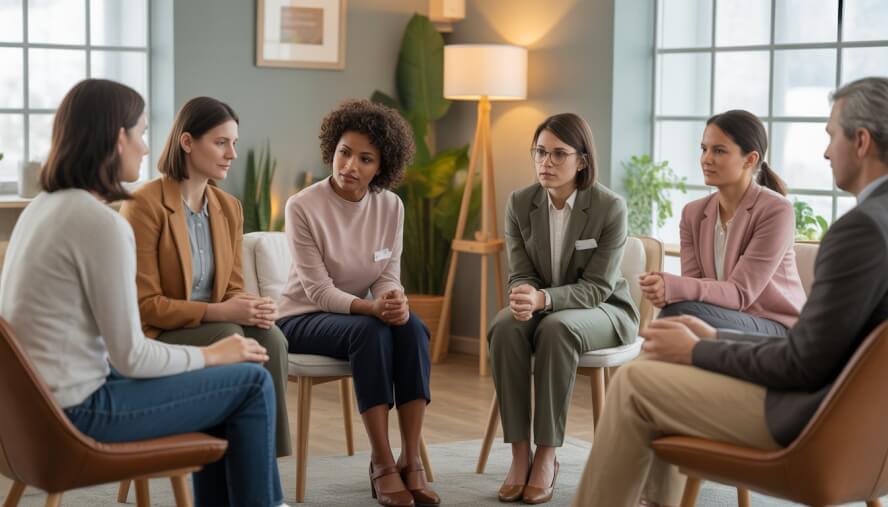 A group of therapists and a client engaged in a supportive counseling session in a bright, comfortable office.