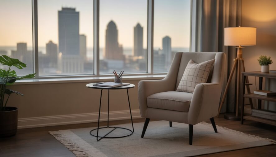 A bright therapy office with a comfortable chair, a table with a notebook, and a window showing a city view.