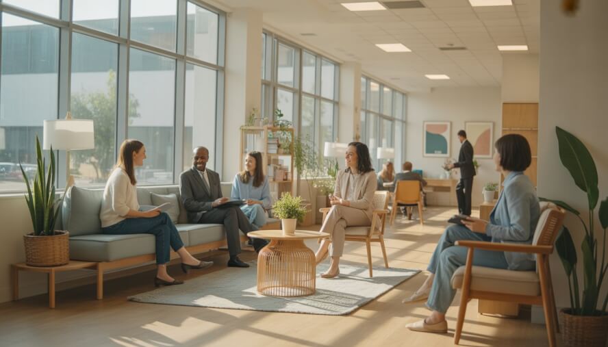 A modern therapy center reception with therapists and clients in a calm, welcoming environment.