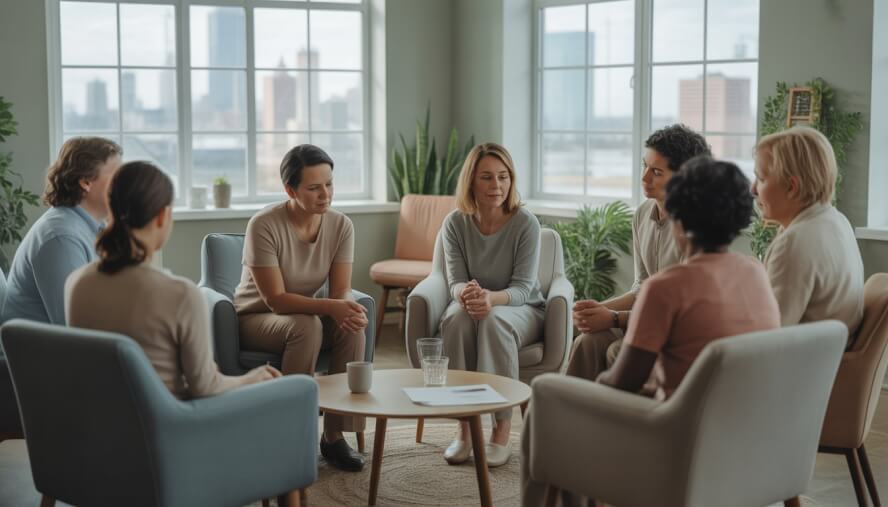 A group therapy session in a bright room with a therapist and diverse participants seated in a circle, talking and supporting each other.