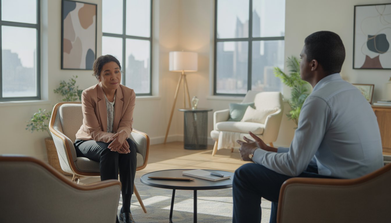 A therapist attentively listening to a client in a bright, comfortable therapy office with a city view in the background.