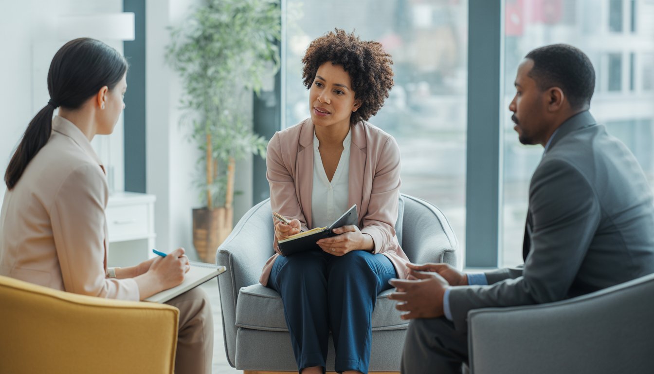 A group of therapists in a bright therapy office with a view of the Detroit skyline, engaged in a supportive conversation.