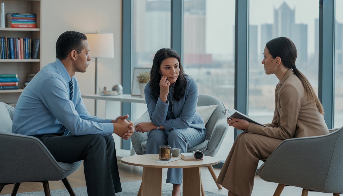 Two therapists meeting with a client in a bright, modern therapy office with a city view.