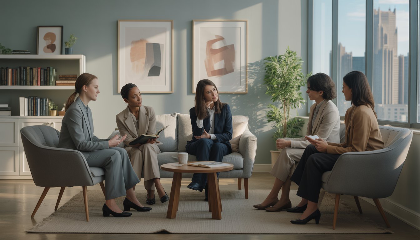 Therapists having a supportive conversation in a calm therapy office with a cityscape visible through the window.