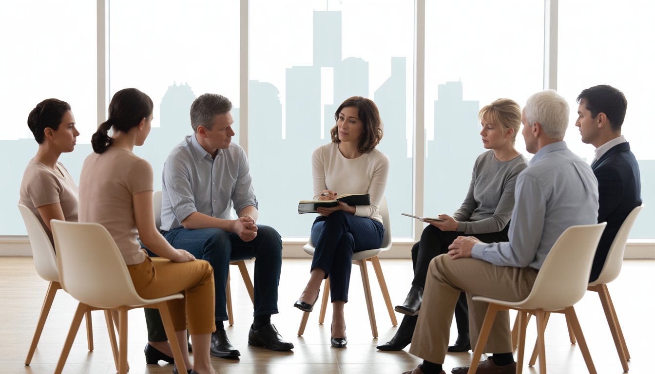 A diverse group of adults sitting in a circle in a bright room, participating in a supportive group therapy session with a therapist.
