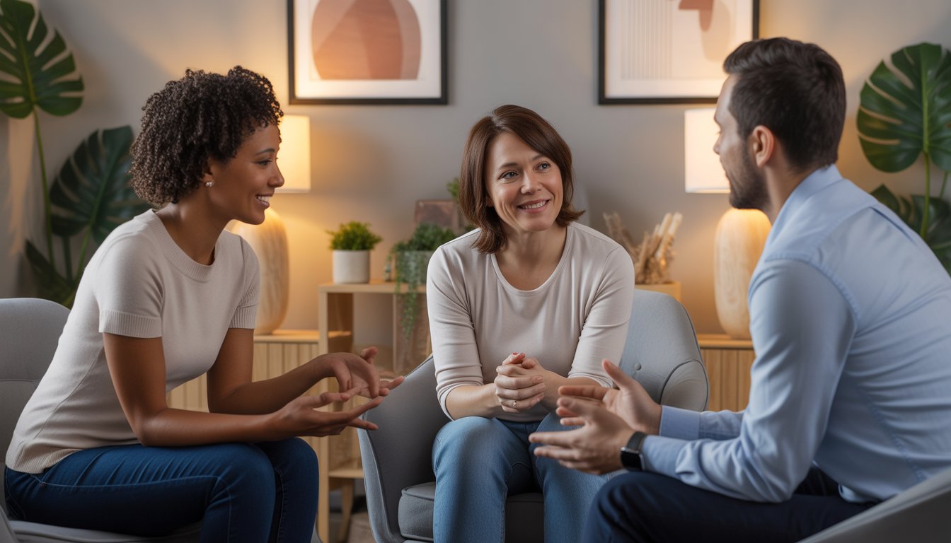 Two therapists attentively listening to a client in a bright, comfortable therapy office.