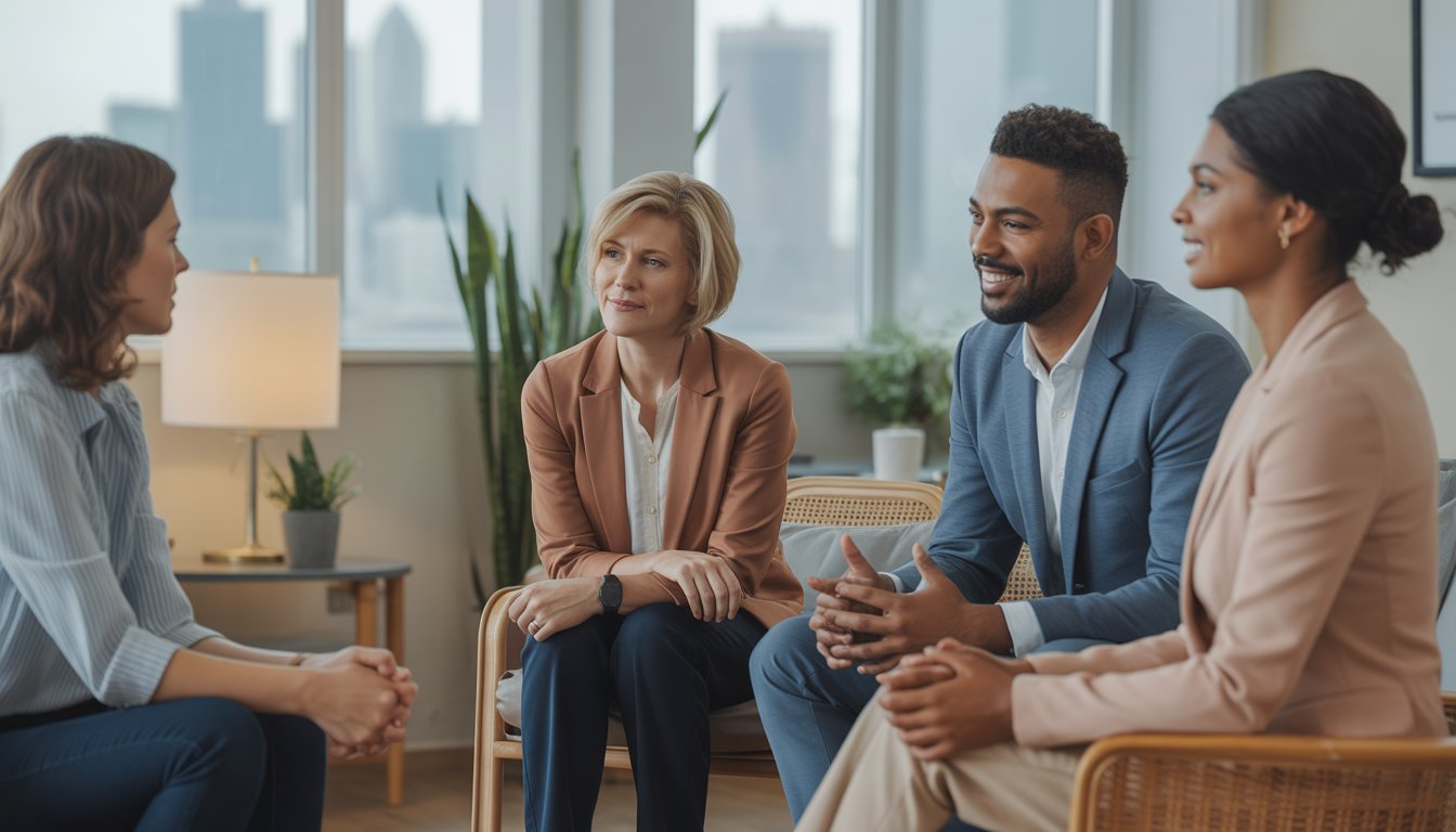A therapist and coach talking supportively with a client in a bright office with a city skyline visible through the windows.