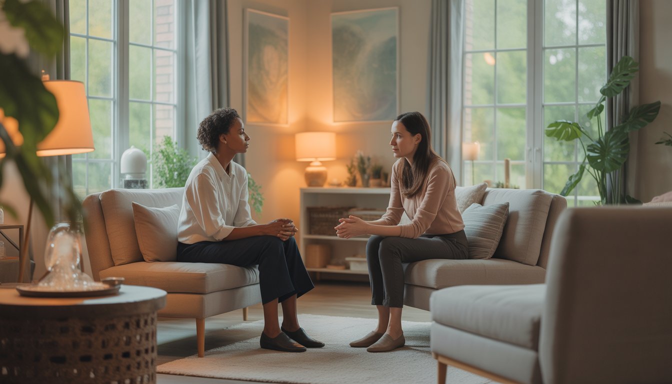 A therapist attentively listening to a client in a bright, comfortable therapy room with natural light and plants.