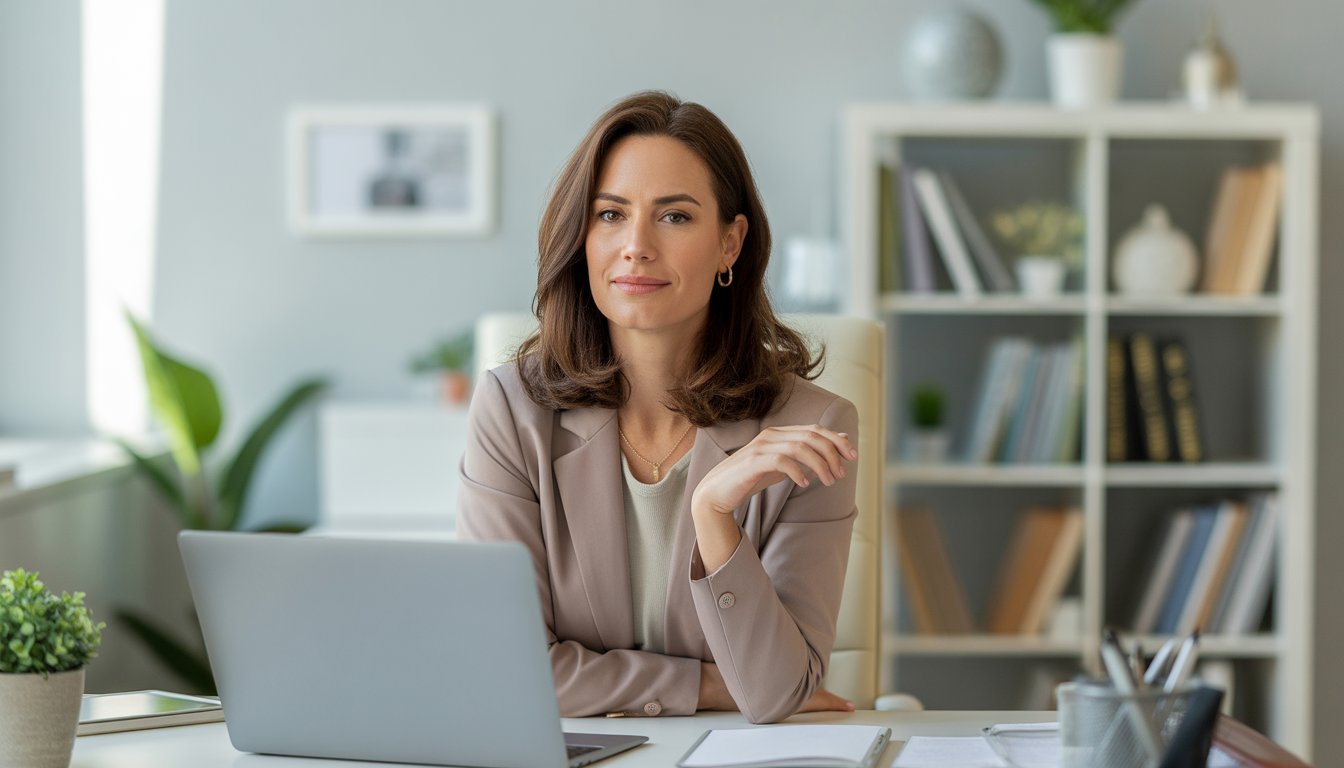 A female therapist sitting at a desk with a laptop in a bright, organized office, looking calm and approachable.