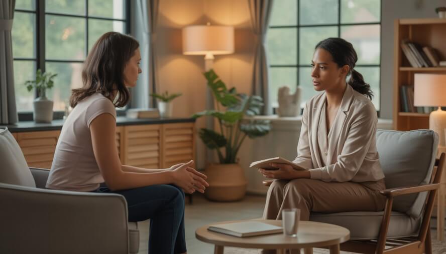 A therapist and client engaged in a supportive counseling session in a bright, comfortable therapy office.
