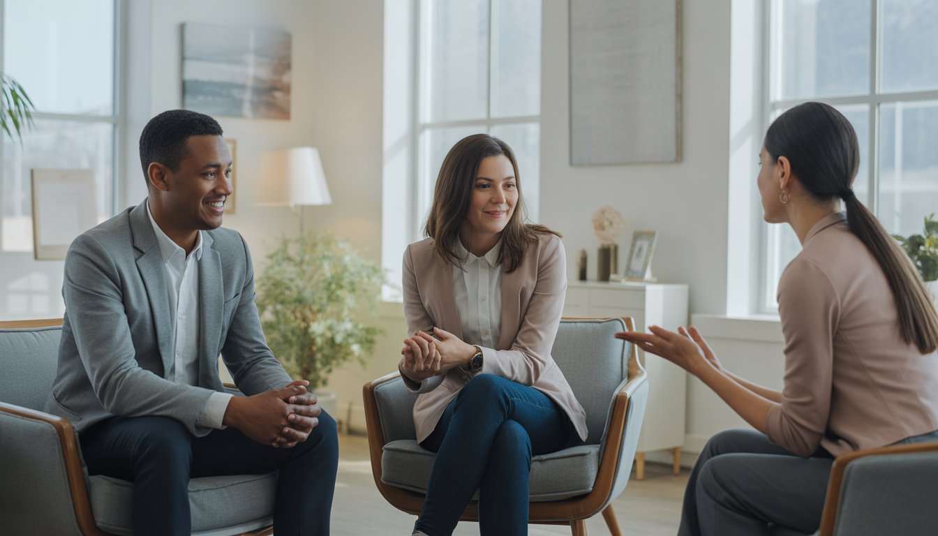Two therapists talking empathetically with a client in a bright, welcoming therapy office.