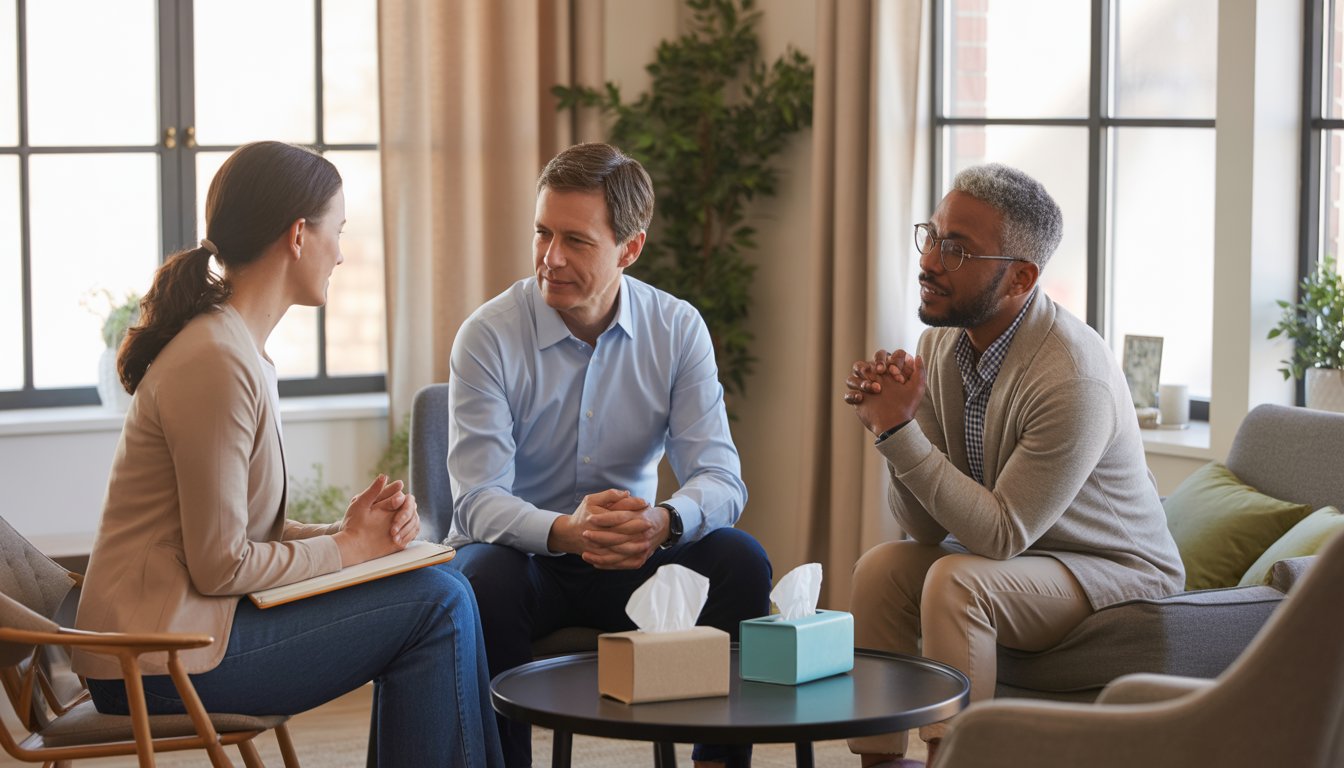 Three people in a counseling office having a supportive conversation, with two therapists listening to a young woman.