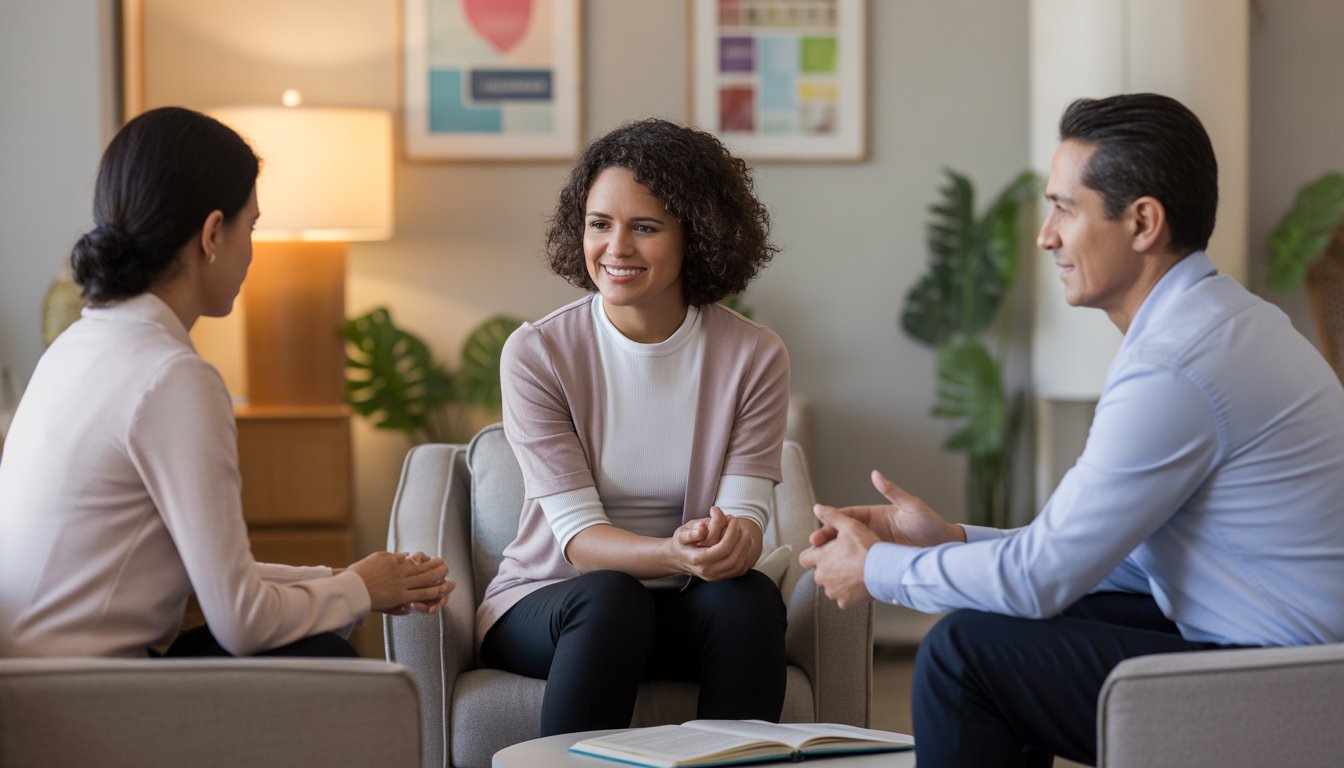 Two therapists attentively speaking with a young woman client in a warm and comfortable therapy office.