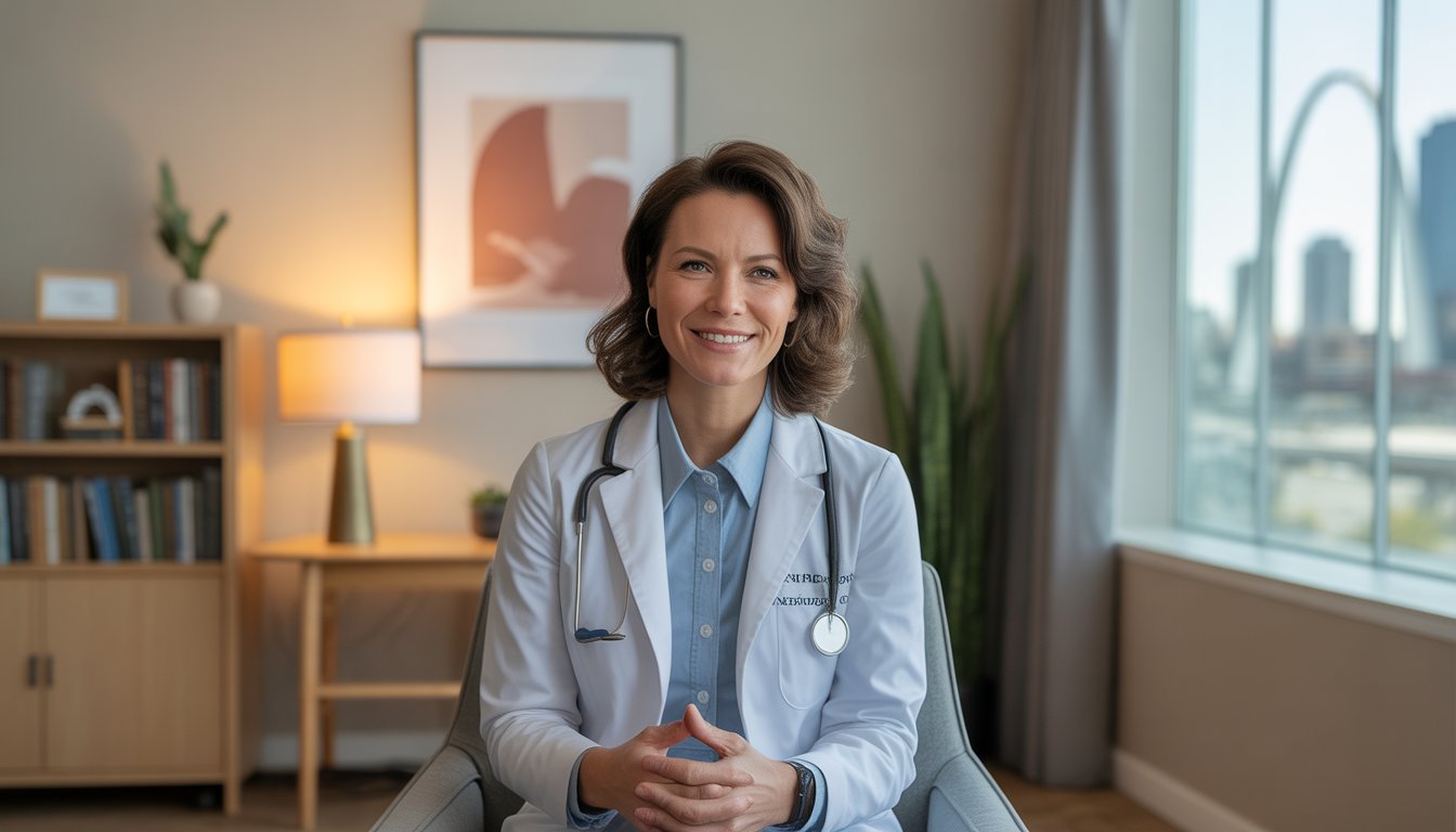 A therapist sitting in a bright, comfortable office with a view of the St. Louis cityscape, including the Gateway Arch, conveying a calm and professional environment.