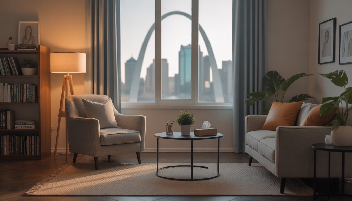 A therapy office with comfortable chairs, a small table, and a window showing the St. Louis skyline.