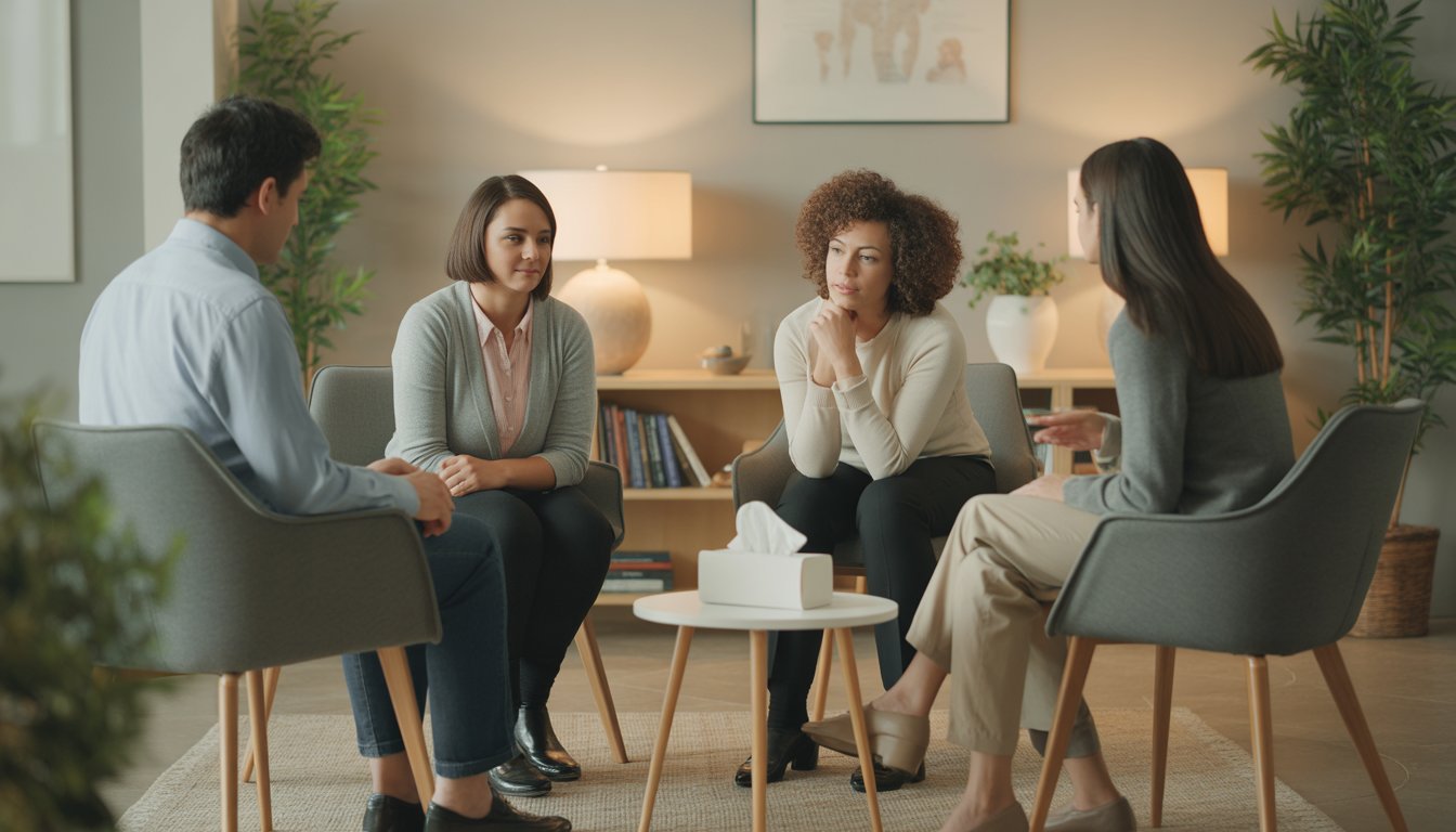 Two therapists talking supportively with a client in a calm, well-lit therapy office.