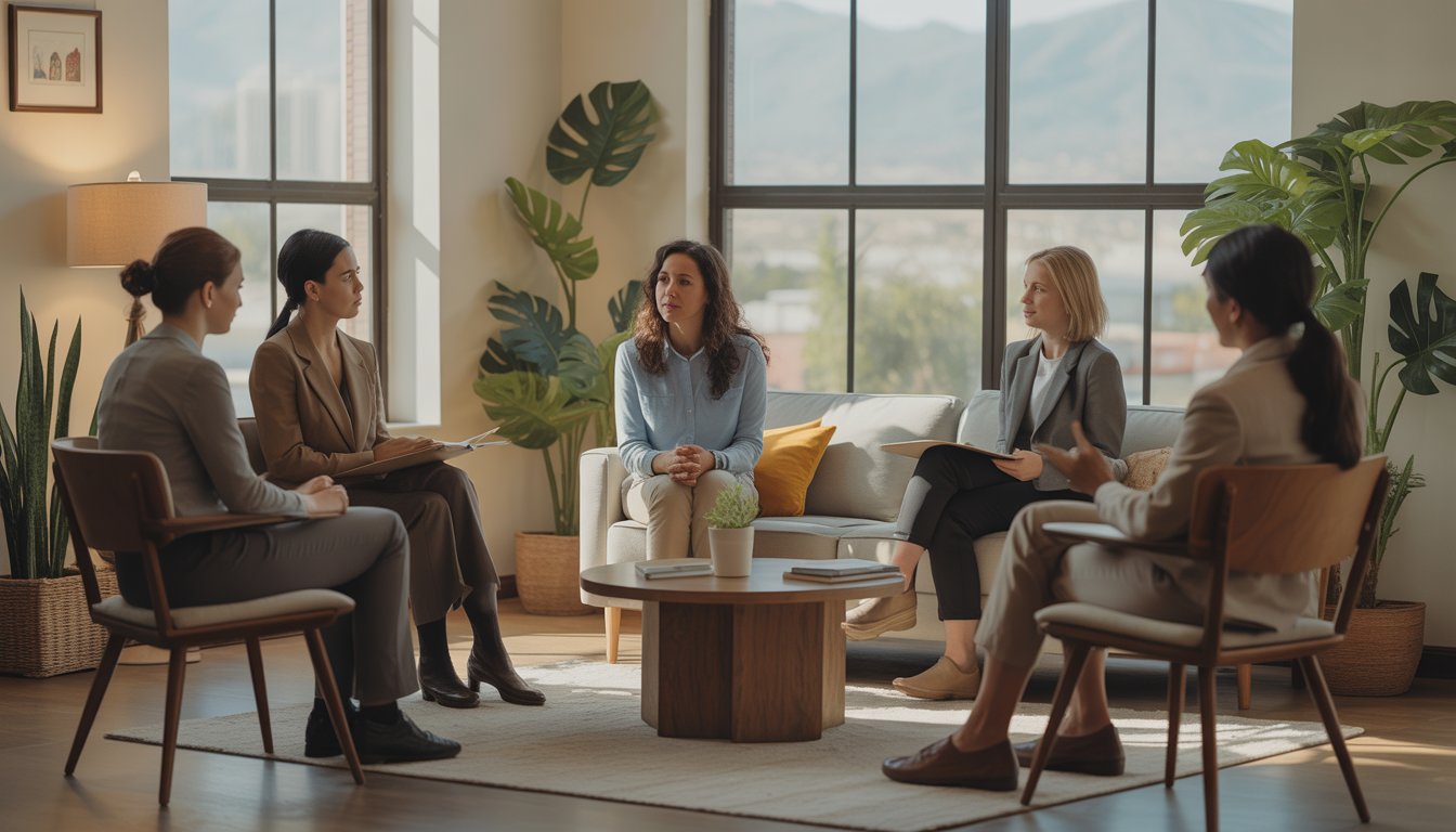 Therapists having a supportive conversation in a bright, comfortable therapy office with a view of Fresno city outside.