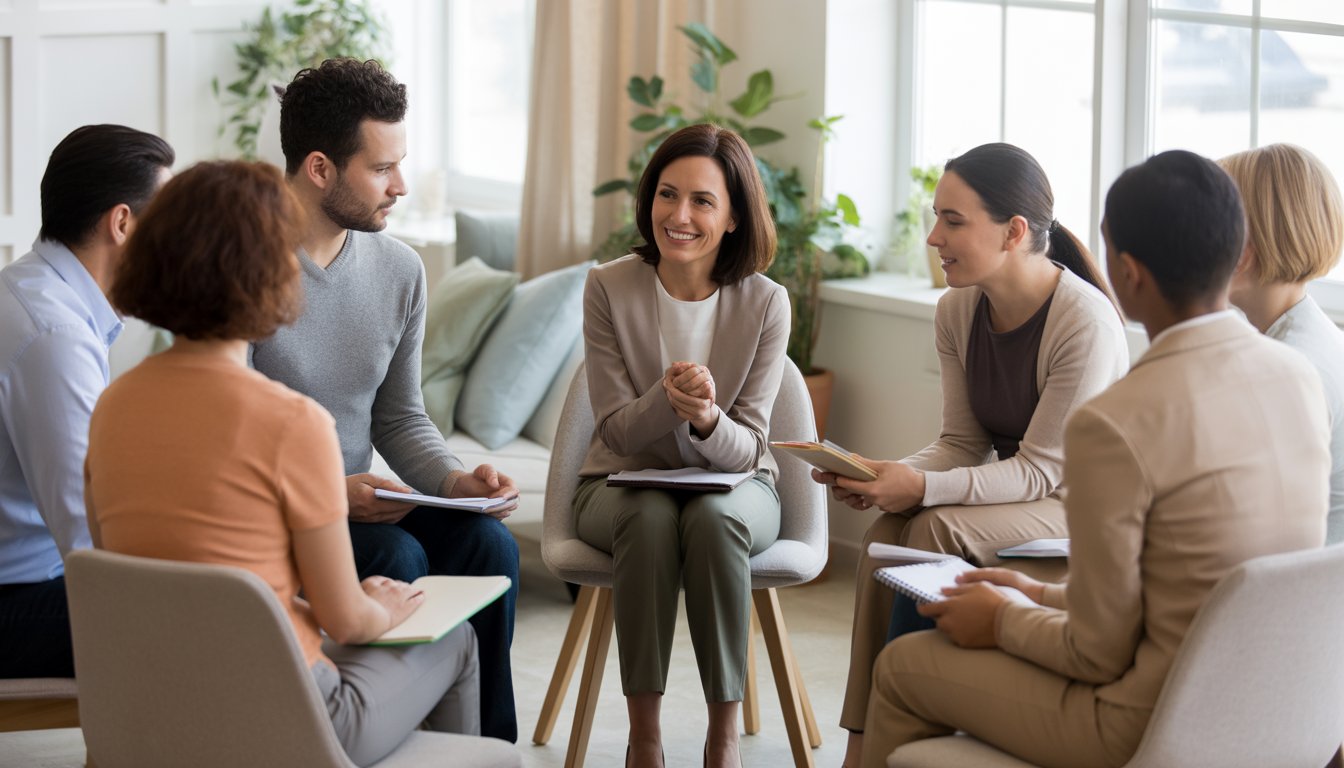 A diverse group of adults in a supportive group therapy session led by a compassionate therapist in a bright, comfortable counseling room.