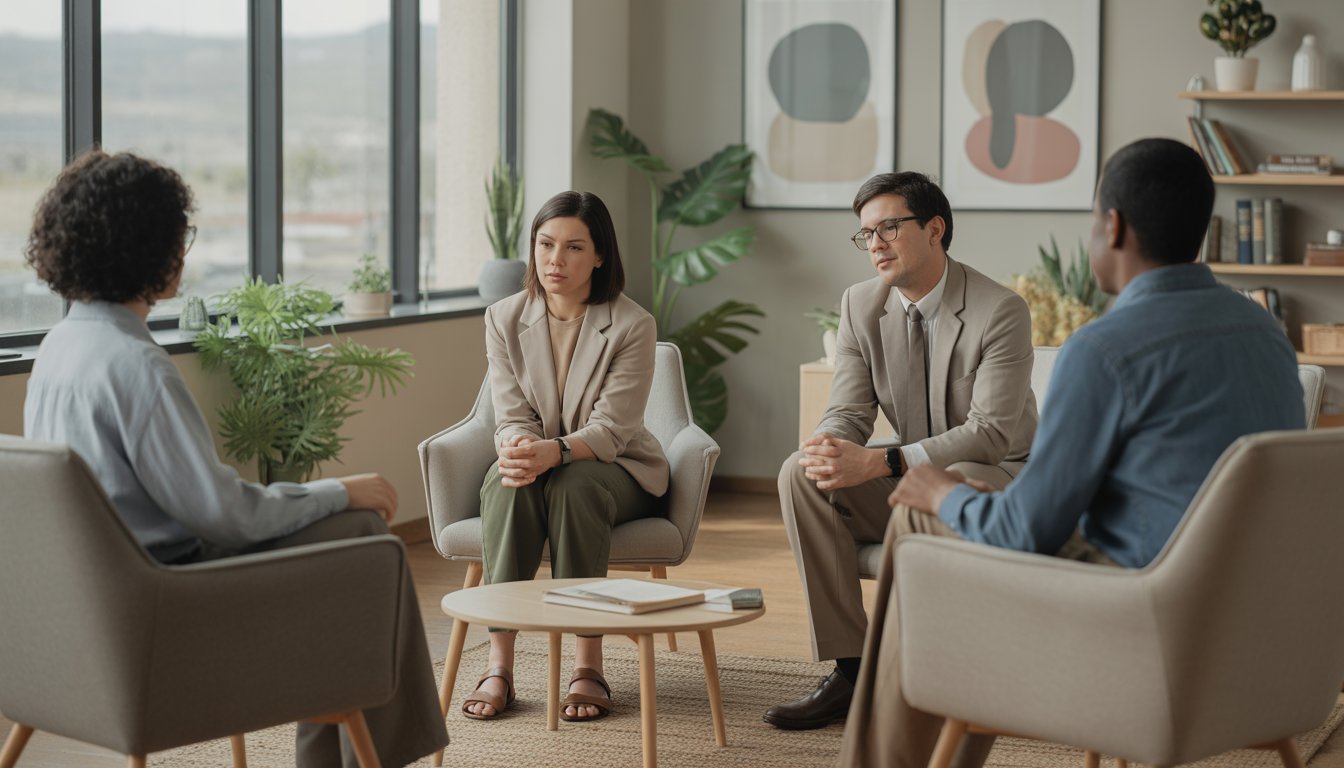 Therapists and a client having a supportive conversation in a bright, modern therapy office with natural light and plants.