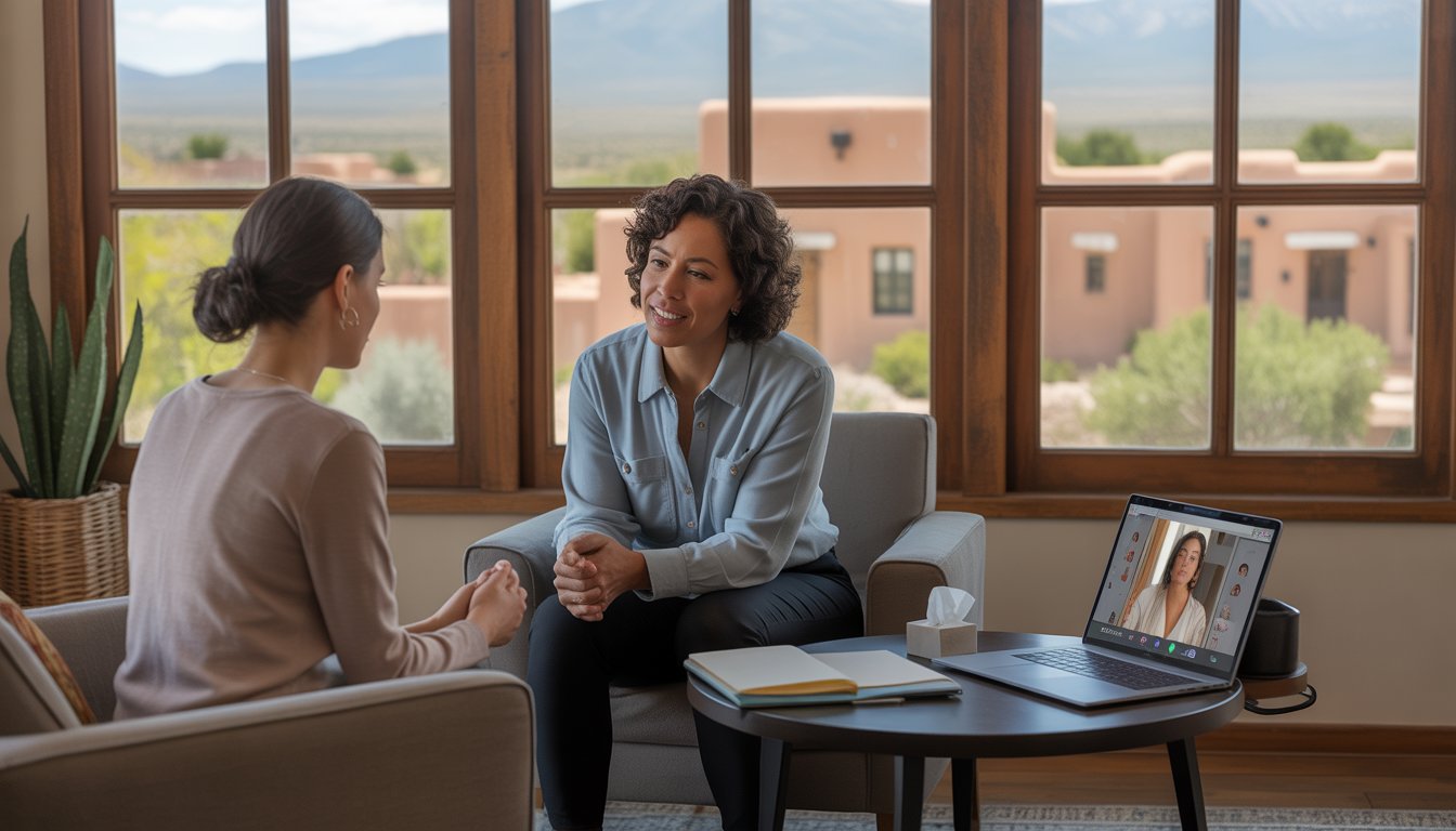 A therapist attentively listening to a client in a bright office with southwestern views, showing both in-person and telehealth therapy options.