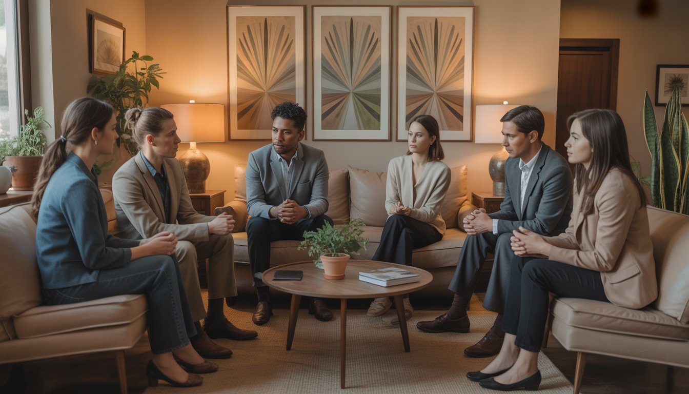 Therapists and clients in a calm therapy office with warm lighting and Southwestern decor, engaged in a supportive conversation.
