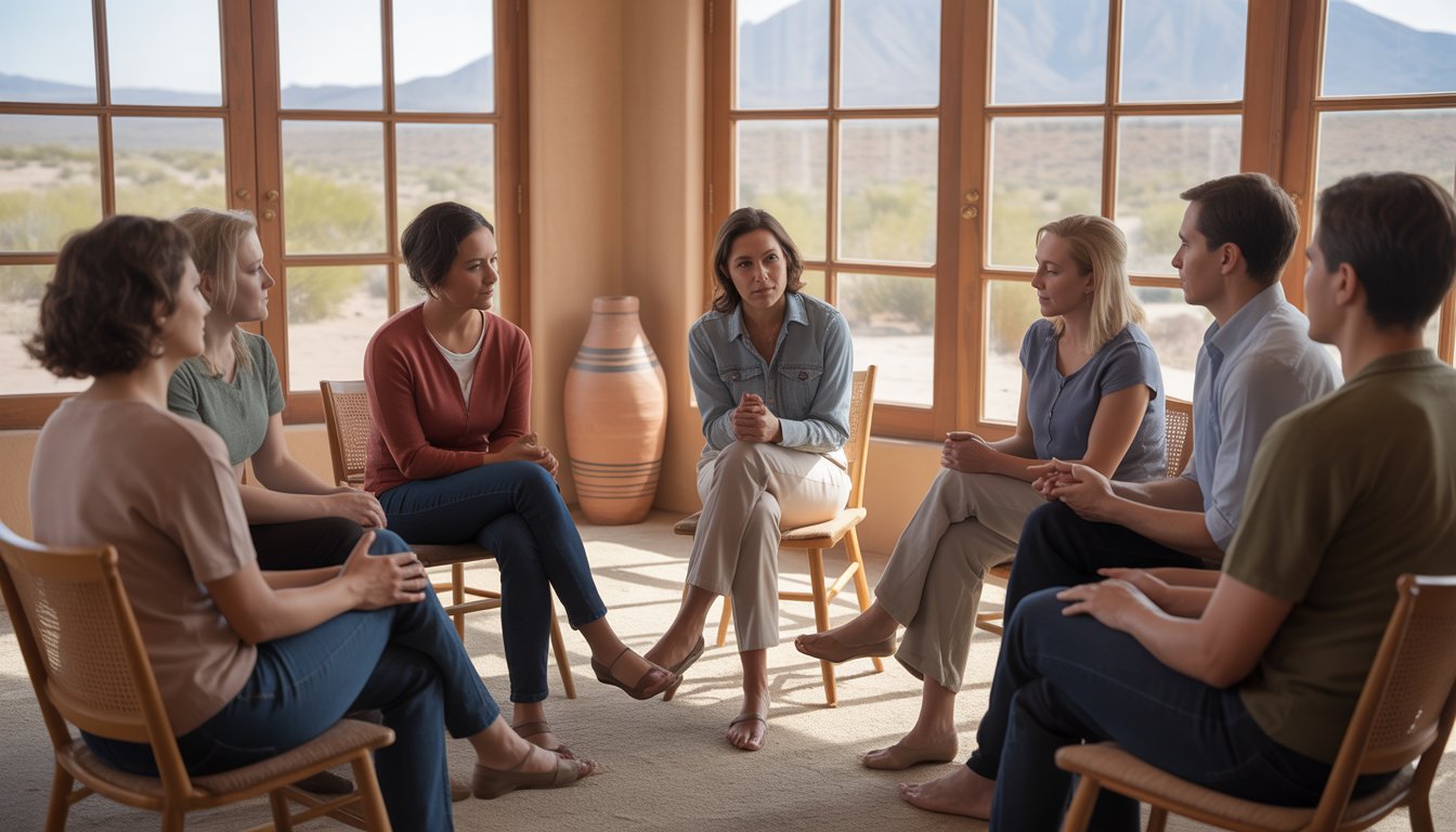A diverse group of adults sitting in a circle in a bright room, engaged in a supportive group therapy session led by a therapist.