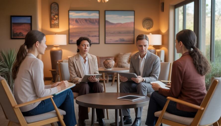 A group of therapists sitting around a table in a counseling office with Southwestern decor, engaged in a supportive discussion.