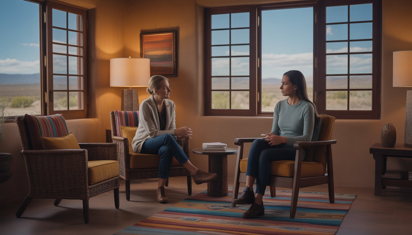 A therapist and client sitting in a warm, inviting therapy office with Southwestern decor and a view of the Santa Fe desert outside.