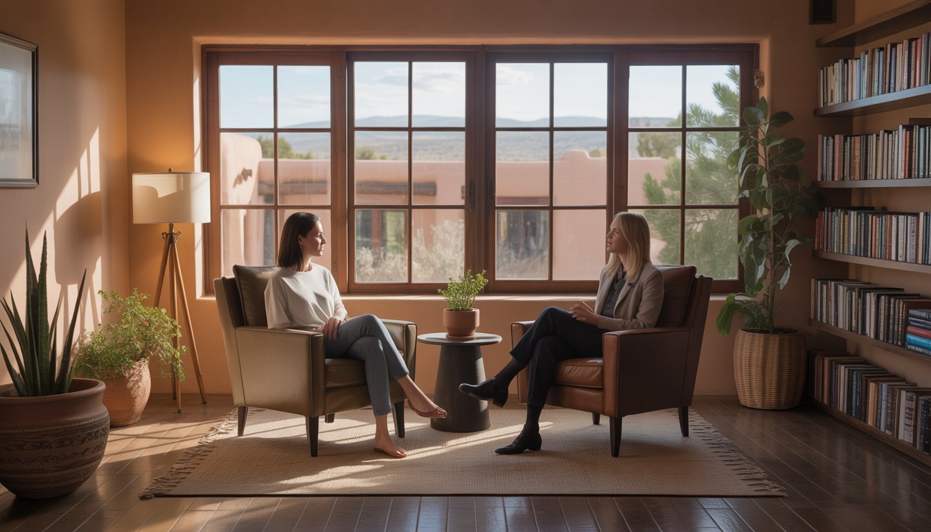A therapist and client having a supportive conversation in a bright therapy office with a view of Santa Fe adobe buildings and desert landscape.