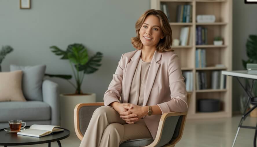 A female therapist sitting in a comfortable office, smiling gently with a notebook and plant nearby.