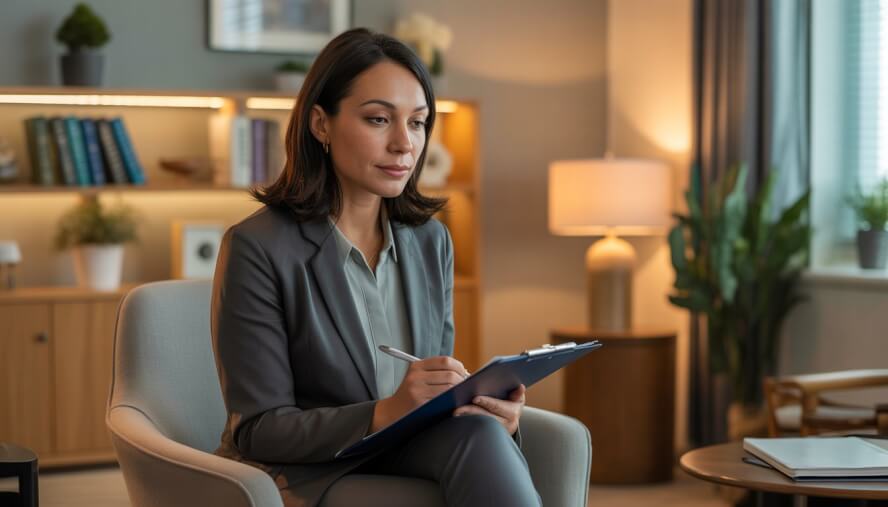 A female therapist attentively listening and taking notes in a comfortable office setting.