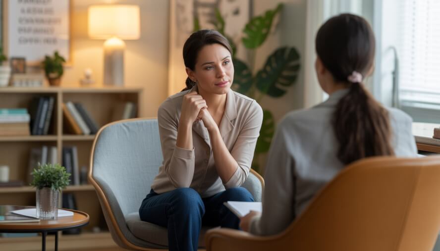 A female therapist attentively listening in a warm, modern therapy office.