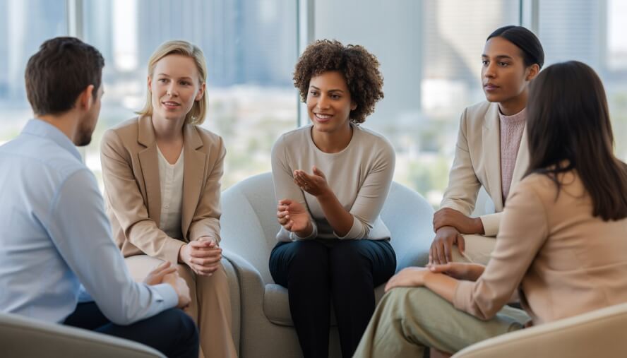 A group of therapists talking with a client in a bright therapy office with a view of the Las Vegas cityscape.