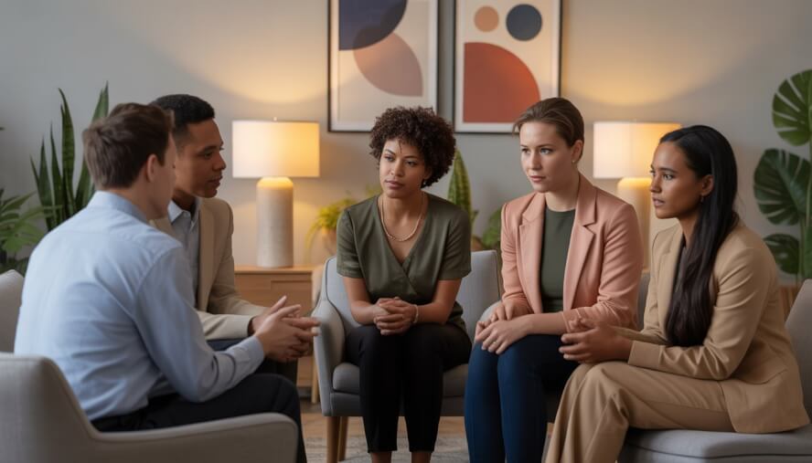 A diverse group of therapists having a supportive conversation in a comfortable therapy office.