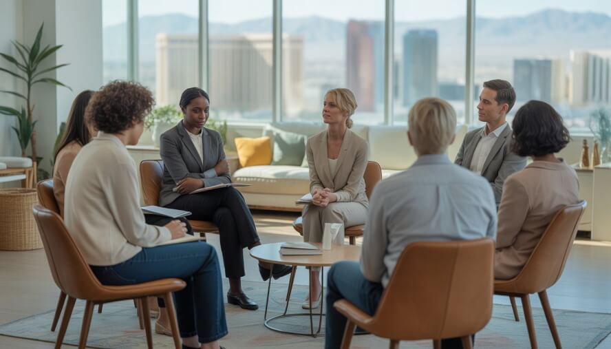 A group therapy session in a bright office with a view of the Las Vegas skyline, showing a therapist and several people seated in a circle engaged in conversation.
