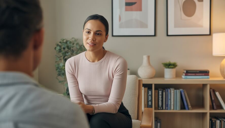 A female therapist attentively listening in a warm and inviting therapy office with calming decor.
