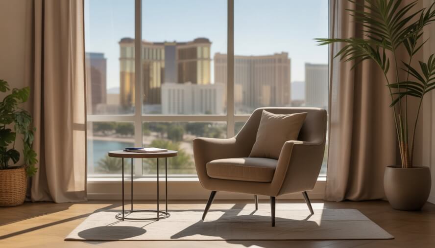 A bright therapy office with a chair, side table, plants, and a window showing the Las Vegas skyline.